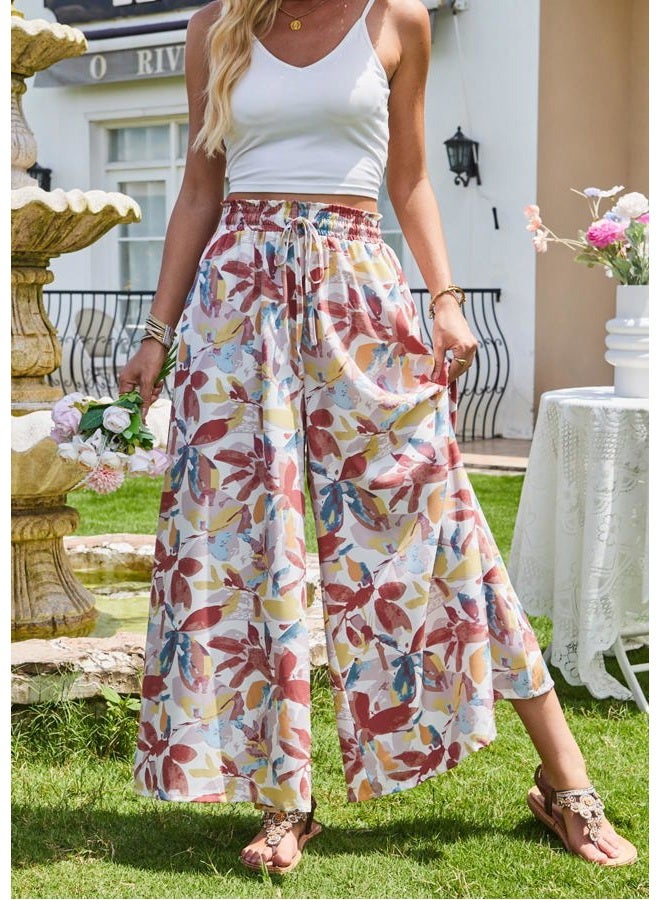 SimpleFun Women's Palazzo Pants Boho Floral Wide Leg Trousers Summer Beach High Waisted Flowy Pants with Pockets, Floral Orange, M - Image 2