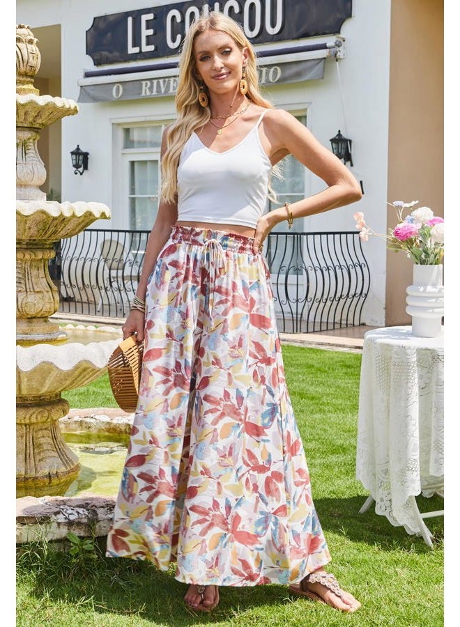 SimpleFun Women's Palazzo Pants Boho Floral Wide Leg Trousers Summer Beach High Waisted Flowy Pants with Pockets, Floral Orange, M - Image 5