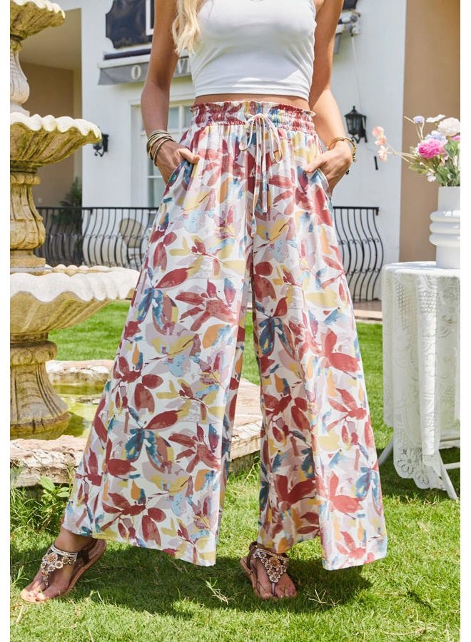 SimpleFun Women's Palazzo Pants Boho Floral Wide Leg Trousers Summer Beach High Waisted Flowy Pants with Pockets, Floral Orange, M - Image 3