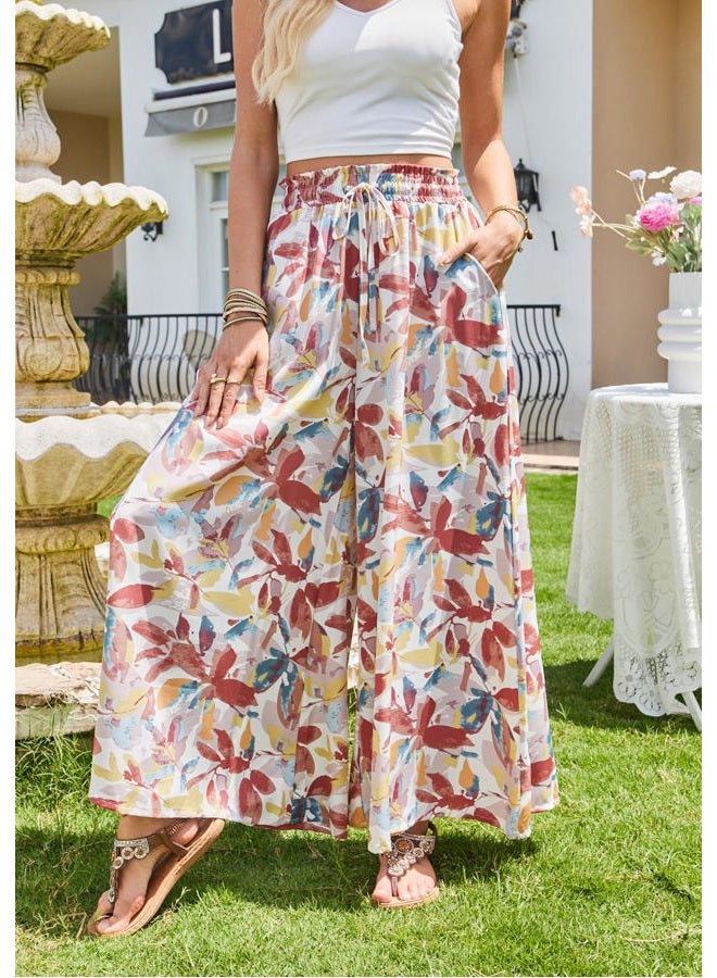 SimpleFun Women's Palazzo Pants Boho Floral Wide Leg Trousers Summer Beach High Waisted Flowy Pants with Pockets, Floral Orange, M - Image 4