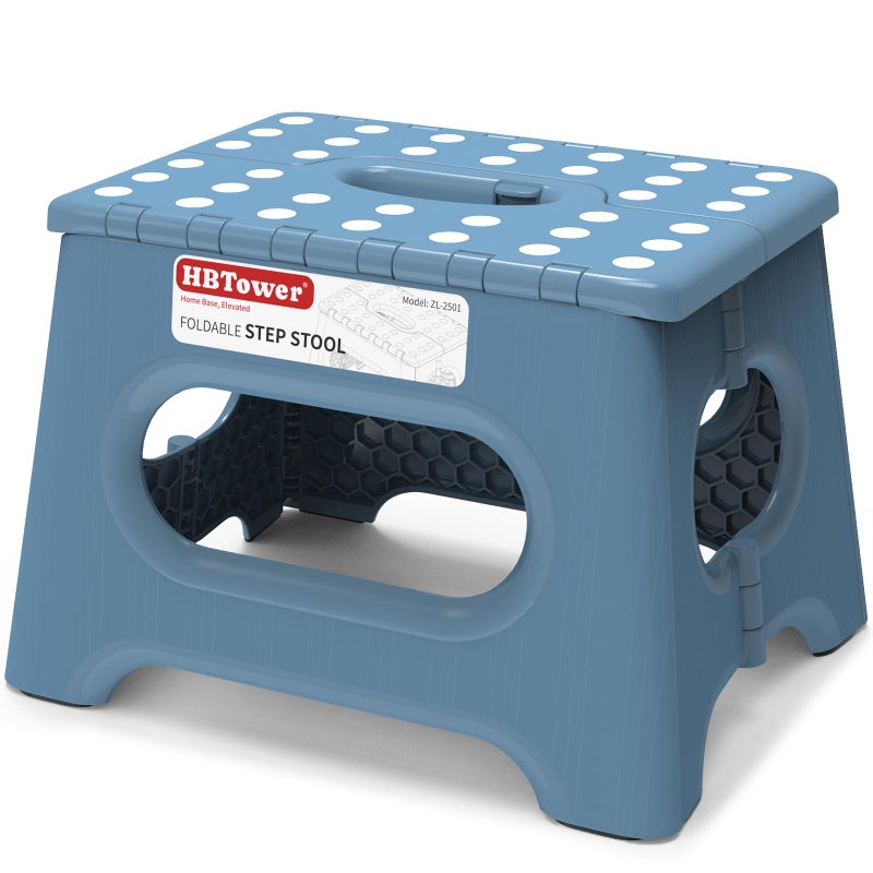 HBTower Folding Step Stool 9 Inch - Holds 600 lb, Non-Slip Surface & Carry Handle - Sturdy Step Stool for Kids, Toddlers & Adults - Compact Foldable Foot Stool for Kitchen, Bathroom, Bedroom(Blue) - Image 1