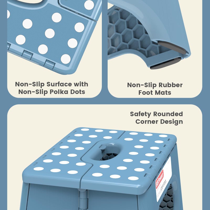HBTower Folding Step Stool 9 Inch - Holds 600 lb, Non-Slip Surface & Carry Handle - Sturdy Step Stool for Kids, Toddlers & Adults - Compact Foldable Foot Stool for Kitchen, Bathroom, Bedroom(Blue) - Image 3