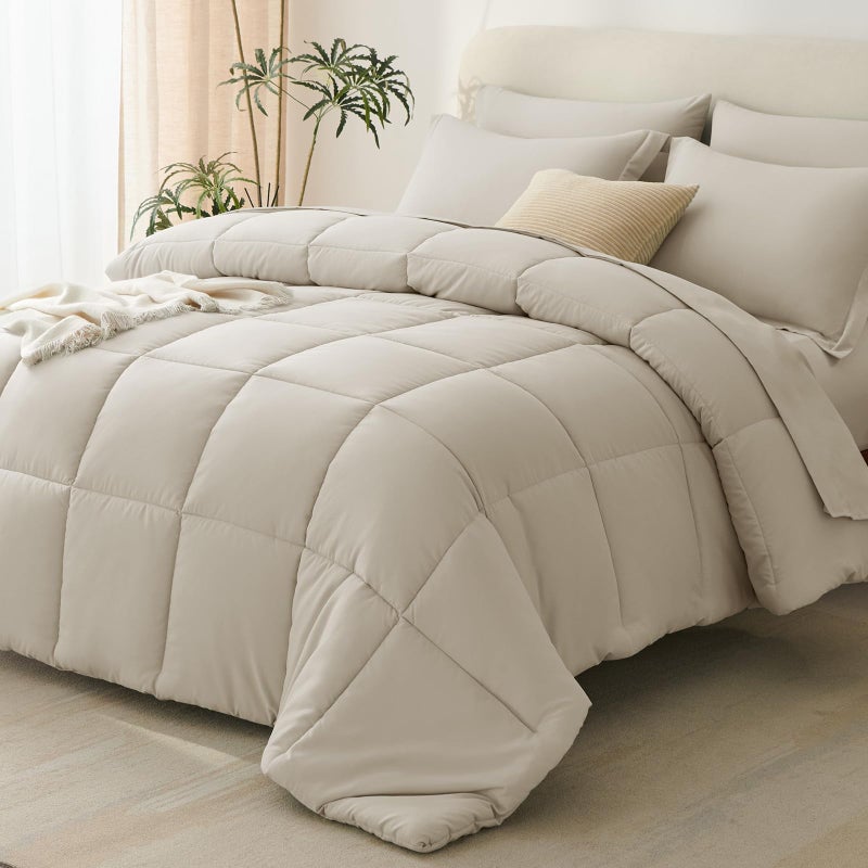 CozyLux Oatmeal Full Size Comforter Sets with Sheets - 7 Pieces Bed in a Bag, Full Size Bed Set Bedding Sets for All Season with Comforter, Flat Sheet, Fitted Sheet, Pillowcases & Pillow Shams - Image 1