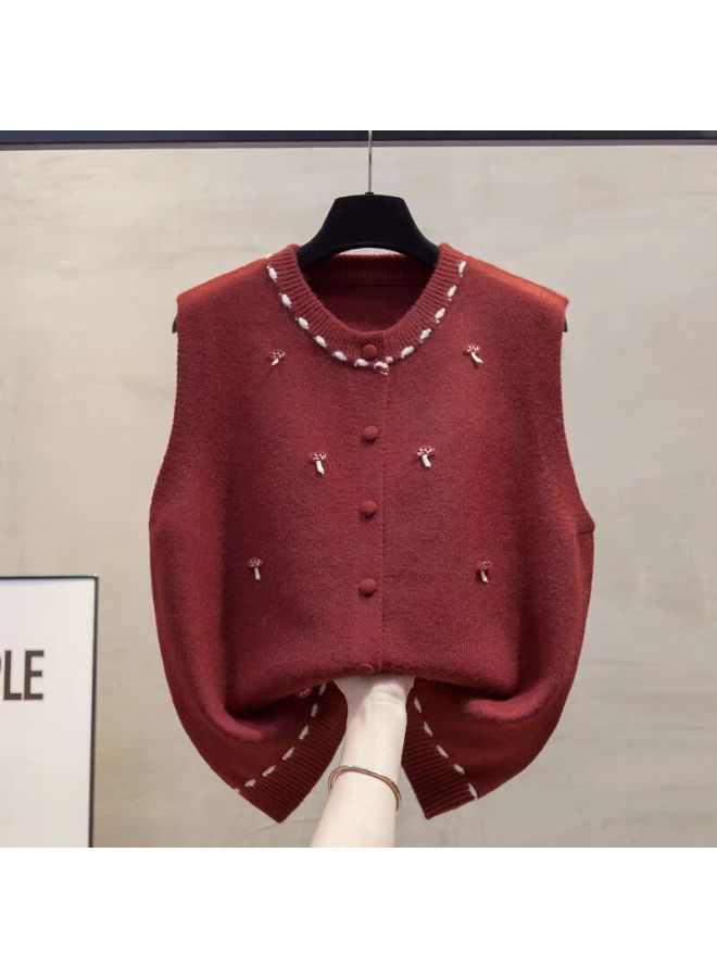Korean-style Mushroom Embroidery Knitted Vest Cardigan Women's Autumn New Loose Versatile Sweater Sleeveless Top Trendy