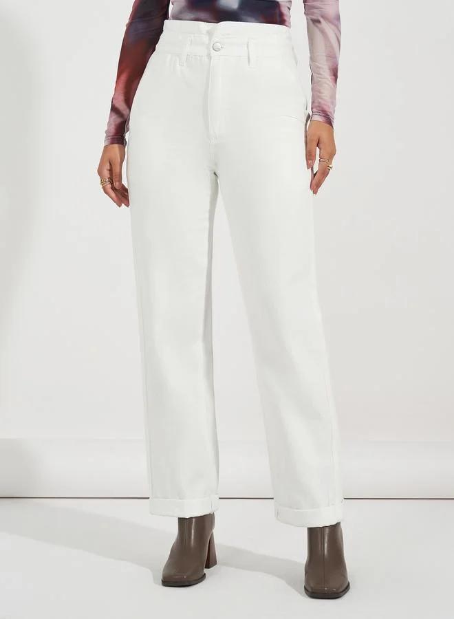 Styli High Rise Straight Fit Paper Bag Waist Jeans