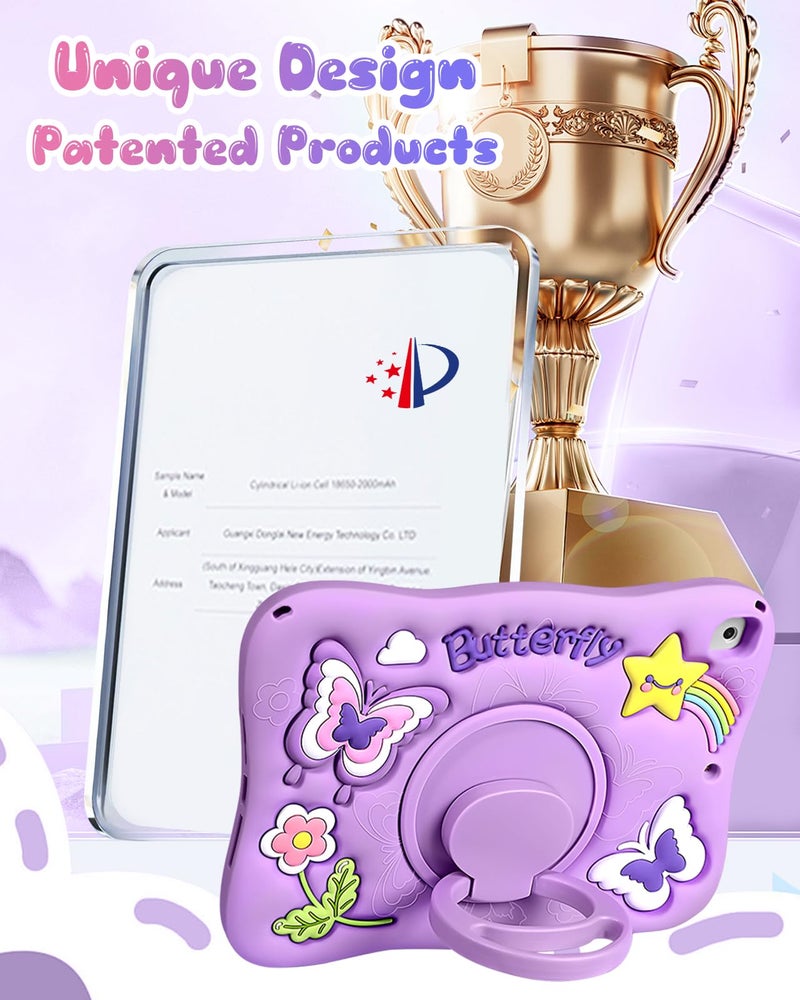 Kidcube for iPad 5th/6th Generation Case, for iPad Air 1st/2nd Gen, for iPad Pro 9.7 Inch Case - Girls Cute Kawaii Girly 3D Purple Butterfly Design Cover with Rotating Stand & Strap Silicone Women - Image 5