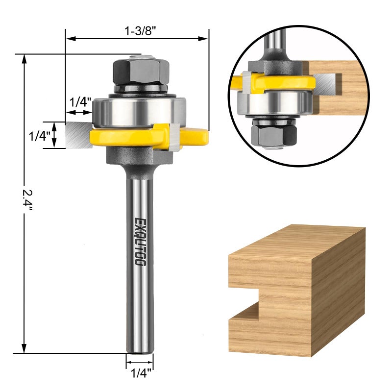 Exqutoo 2 Pieces 3 Teeth T Shape Tongue and Groove Router Bit Set 1/4 Inch Shank, Slot depth 1/4", Slot height 1/4",Shelves & Cabinet,Woodworking Tools (1/4 Shank) - Image 2