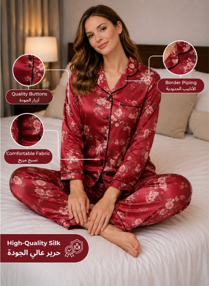 Comfort Floral Satin Pajamas Set for Women Full Sleeves Red - Image 1