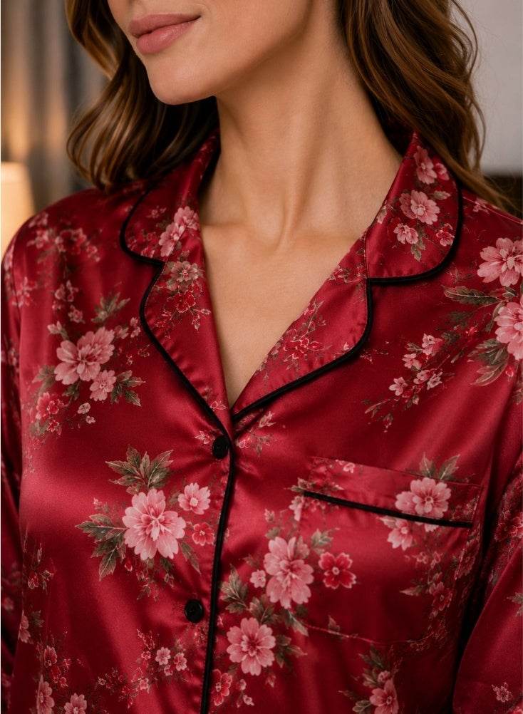 Comfort Floral Satin Pajamas Set for Women Full Sleeves Red - Image 3