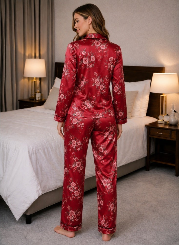 Comfort Floral Satin Pajamas Set for Women Full Sleeves Red - Image 4