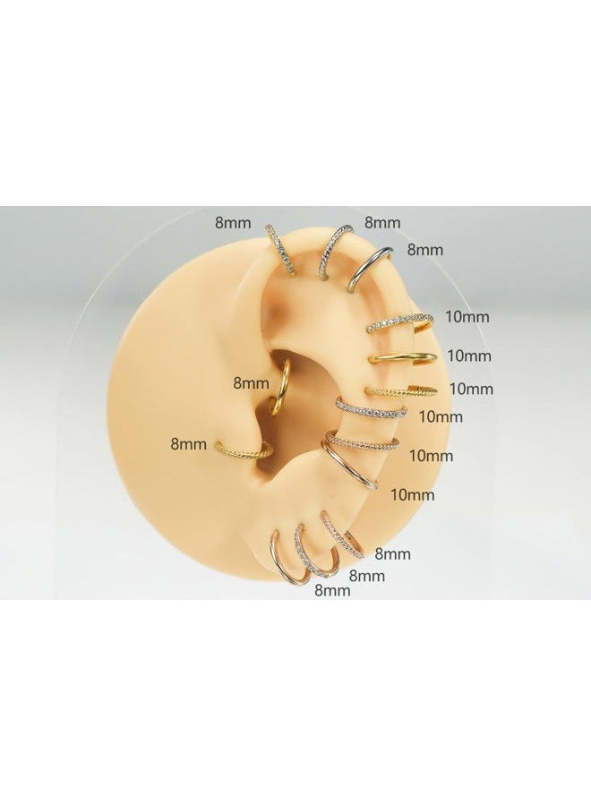 HQLA 16G 8mm 10mm Hinged Clicker Segment CZ Twisted Clicker Nose Rings Hoop Helix Cartilage Daith Tragus Sleeper Earrings Body Piercing for Women Men Girls, Stainless Steel, cubic zirconia - Image 5