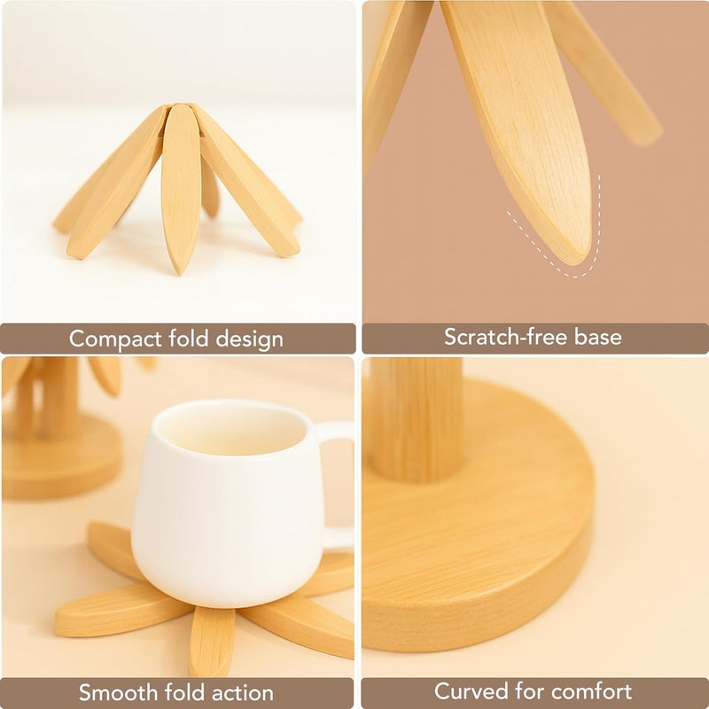 Soko 3 in 1 Bamboo Coaster Collapsible Set | Multipurpose Heat-Resistant Wooden Trivet for Hot Bowl, Pan, Cup, Pot Holder | Space-Saving Foldable Stand for Kitchen, Dinning Counter Organizer - Natural - Image 3