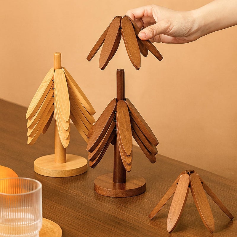 Soko 3 in 1 Bamboo Coaster Collapsible Set | Multipurpose Heat-Resistant Wooden Trivet for Hot Bowl, Pan, Cup, Pot Holder | Space-Saving Foldable Stand for Kitchen, Dinning Counter Organizer - Natural - Image 2
