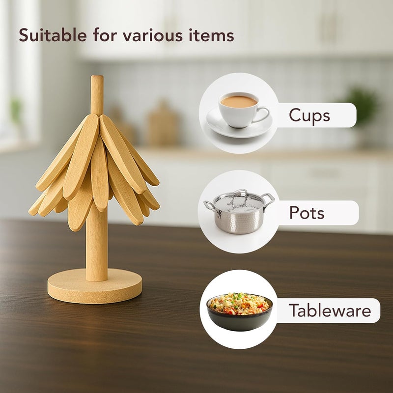 Soko 3 in 1 Bamboo Coaster Collapsible Set | Multipurpose Heat-Resistant Wooden Trivet for Hot Bowl, Pan, Cup, Pot Holder | Space-Saving Foldable Stand for Kitchen, Dinning Counter Organizer - Natural - Image 4