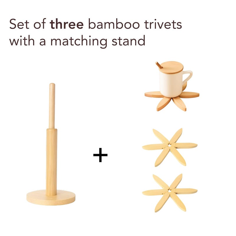Soko 3 in 1 Bamboo Coaster Collapsible Set | Multipurpose Heat-Resistant Wooden Trivet for Hot Bowl, Pan, Cup, Pot Holder | Space-Saving Foldable Stand for Kitchen, Dinning Counter Organizer - Natural - Image 5