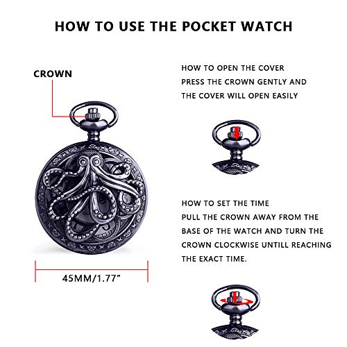 Dentily Vintage Octopus Hollow Quartz Pocket Watch Steampunk Black Pocket Watch with Necklace Chain - Image 2