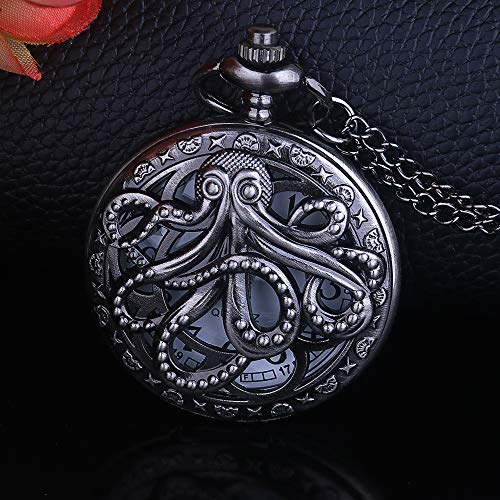 Dentily Vintage Octopus Hollow Quartz Pocket Watch Steampunk Black Pocket Watch with Necklace Chain - Image 3