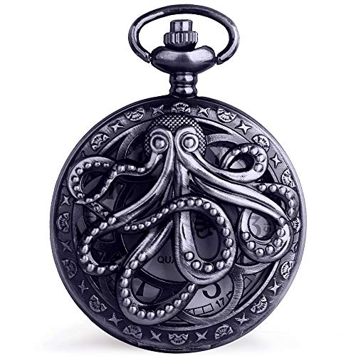 Dentily Vintage Octopus Hollow Quartz Pocket Watch Steampunk Black Pocket Watch with Necklace Chain - Image 1