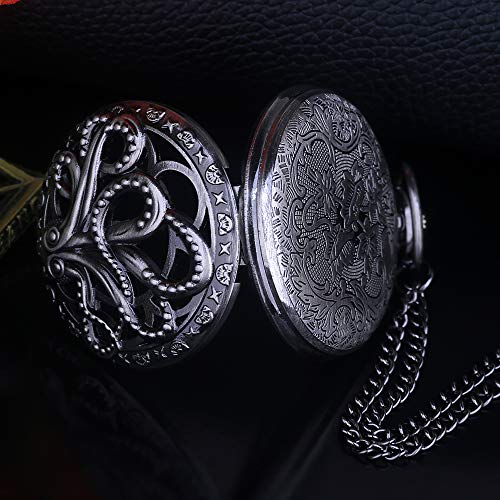 Dentily Vintage Octopus Hollow Quartz Pocket Watch Steampunk Black Pocket Watch with Necklace Chain - Image 5