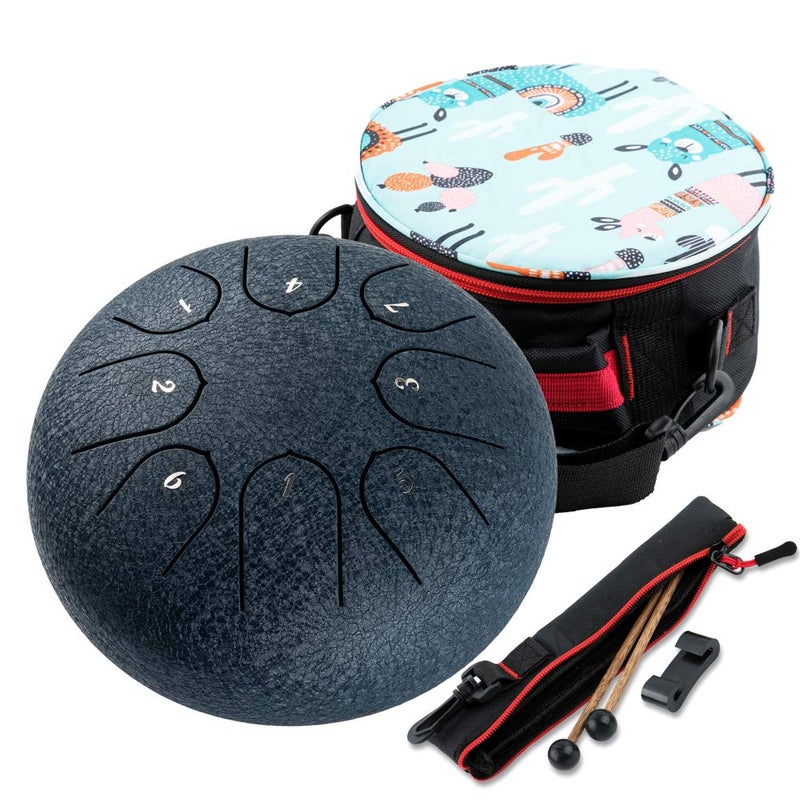 Ubblove Steel Tongue Drum 8 Notes 6 inches Musical Tank Drum Percussion Instrument with Tongue Drum Mallets Carry Bag Gifts for Adult Beginners (Black) - Image 1