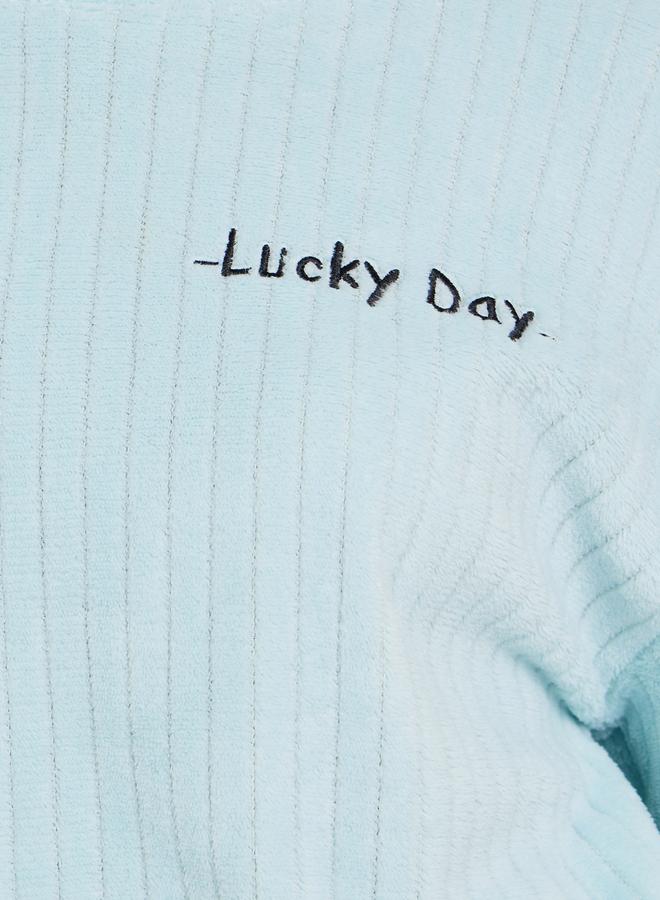 Styli Blue Self Striped Fleece Long Sleeve Top and Pyjama Set - Image 3