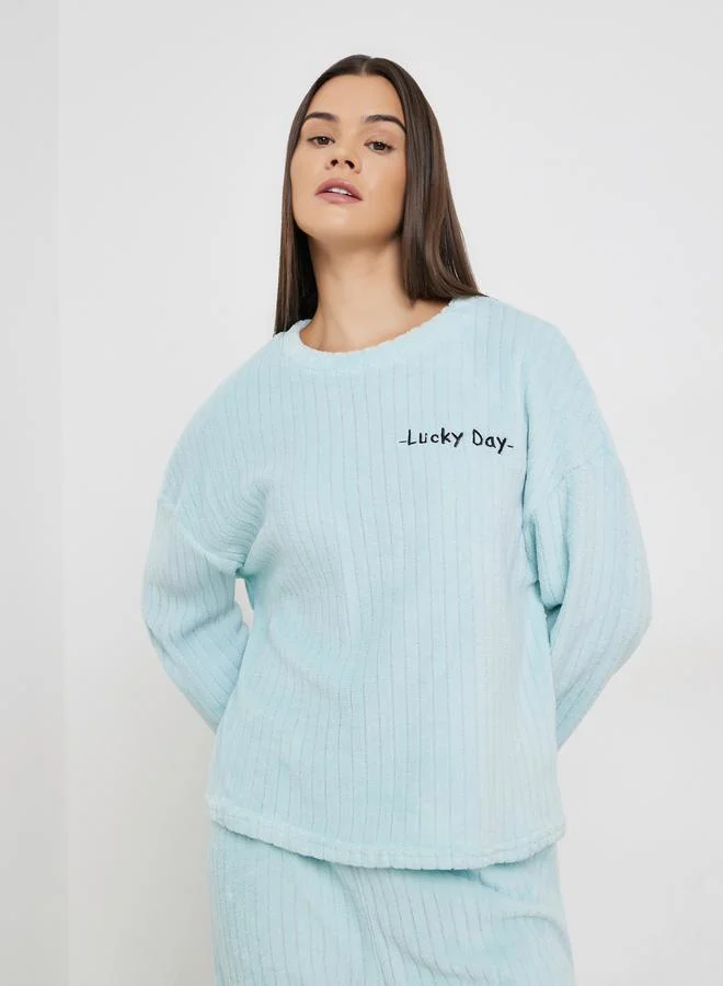Styli Blue Self Striped Fleece Long Sleeve Top and Pyjama Set
