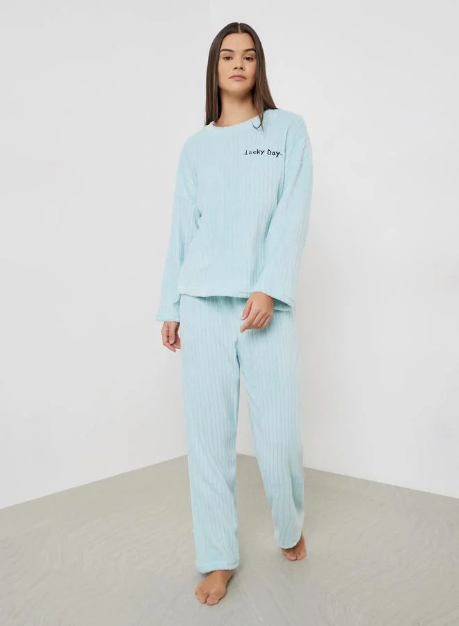 Styli Blue Self Striped Fleece Long Sleeve Top and Pyjama Set