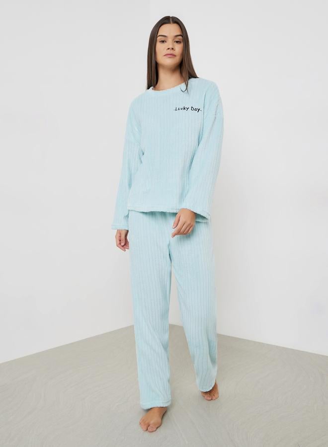 Styli Blue Self Striped Fleece Long Sleeve Top and Pyjama Set - Image 1
