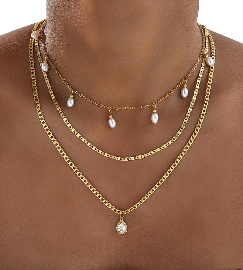 YEEZII Layered Gold Necklaces for Women Trendy, 3 Pcs 14K Gold Plated Choker Paperclip Box Chain Necklace, Stackable Women's Gold Pendant Necklaces Jewelry Set (Gold-3 Pcs-Pearl) - Image 2