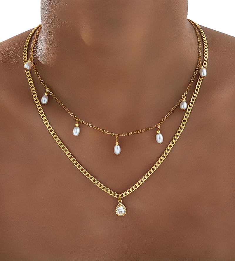 YEEZII Layered Gold Necklaces for Women Trendy, 3 Pcs 14K Gold Plated Choker Paperclip Box Chain Necklace, Stackable Women's Gold Pendant Necklaces Jewelry Set (Gold-3 Pcs-Pearl) - Image 3