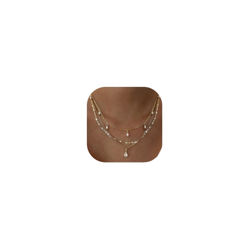YEEZII Layered Gold Necklaces for Women Trendy, 3 Pcs 14K Gold Plated Choker Paperclip Box Chain Necklace, Stackable Women's Gold Pendant Necklaces Jewelry Set (Gold-3 Pcs-Pearl) - Image 1