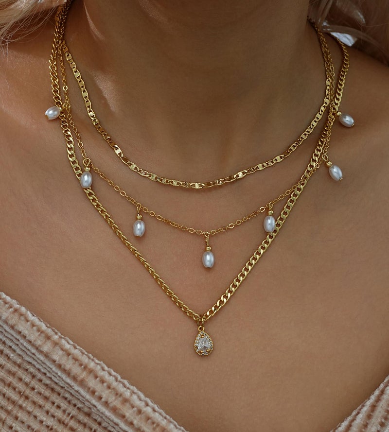 YEEZII Layered Gold Necklaces for Women Trendy, 3 Pcs 14K Gold Plated Choker Paperclip Box Chain Necklace, Stackable Women's Gold Pendant Necklaces Jewelry Set (Gold-3 Pcs-Pearl) - Image 4
