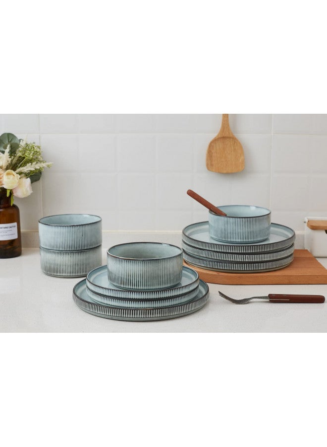 Famiware Star Dinnerware Sets, Plates and Bowls Set for 4, 12 Piece Dish Set, Smoky Blue - Image 1