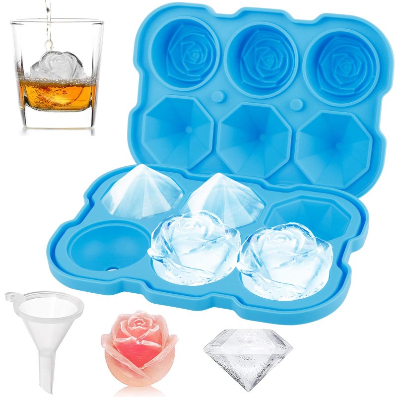 Ice Cube Tray Mikiwon 2 inch Rose Ice Cube Trays With Covers 3 Cavity Silicone Rose Ice Tray 3 Diamond Ice Ball Maker Easy Release Large Ice Cube Form for Chilled Cocktails Whiskey Juice Blue