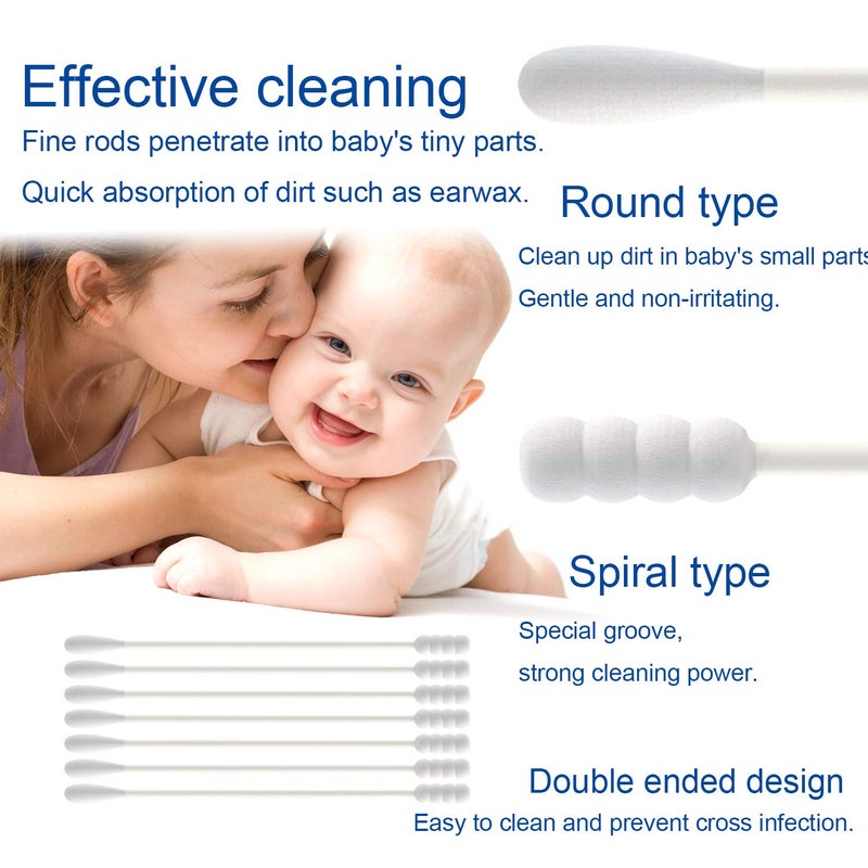 Aurasin Baby Cotton Swabs, Paper Sticks Cotton Buds for Baby Ear Nose Clean-200Pcs(Spiral & Round) - Image 3