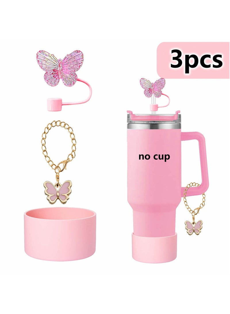 Generic Three-Piece Water Cup Butterfly Decoration Straw Cover Silicone Cup Cover Resin Butterfly Cup Chain Key Pendant - Image 1