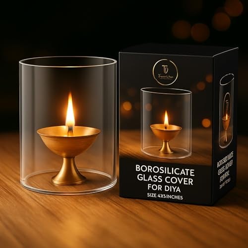 True Decor True Décor Diya for Puja Glass Cover Akhand Jyoti Diya Glass Large (Height: 4 Inch Width: 3 Inch) - Image 1