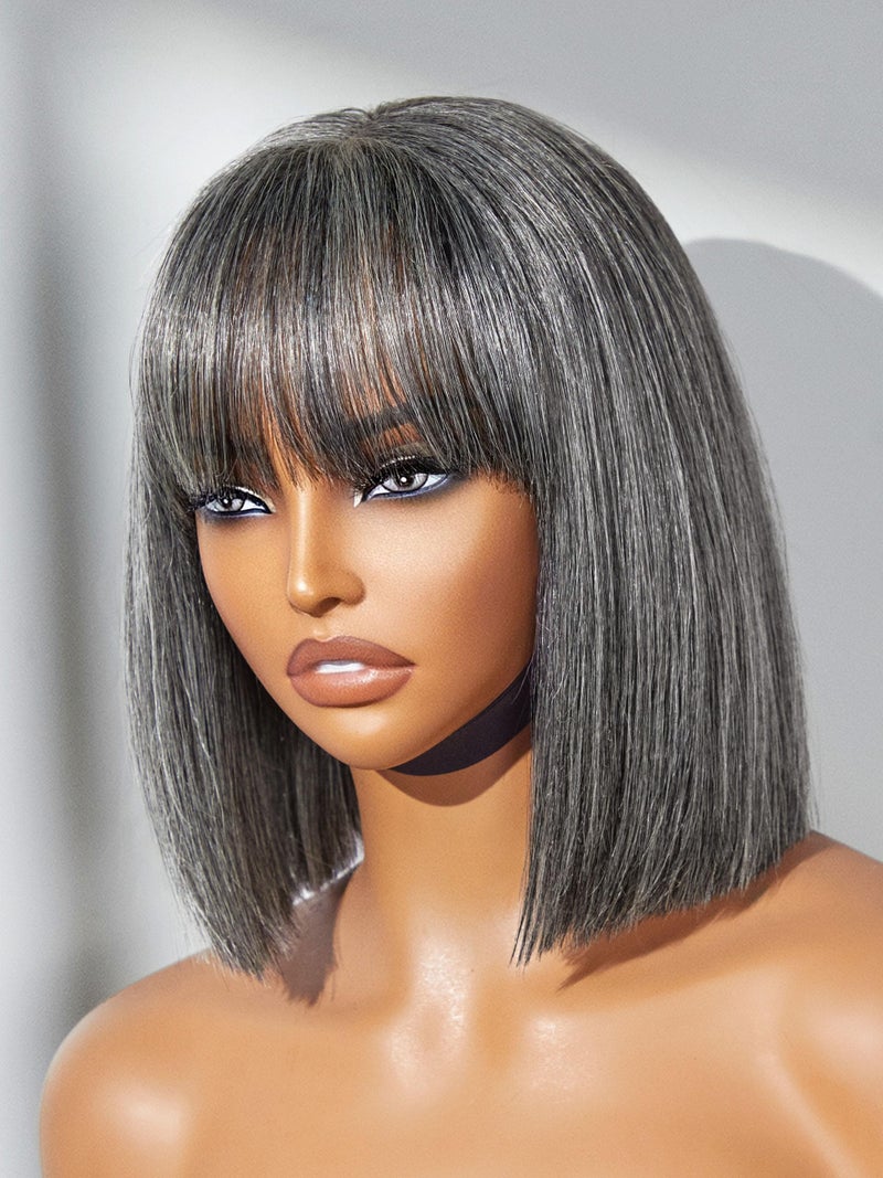 LUVME HAIR AllDay Comfort Wig 10 Inch Grey Salt Pepper Silky Straight Bob Wig with Bangs Human Hair Glueless HD Lace Bob Wig with Mix Grey Color Ready to Go Short Wigs For Women Breathable Cap