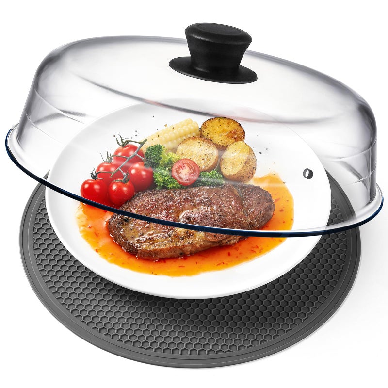 Snuvid 2 in 1 Glass Microwave Splatter Cover for Food Microwave Place Mat Plate Splatter Guard Lid with Easy Grip Silicone Handle Knob Borosilicate Glass with Vent Hole Food Grade No Plastic 10in - Image 2