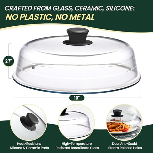 Snuvid 2 in 1 Glass Microwave Splatter Cover for Food Microwave Place Mat Plate Splatter Guard Lid with Easy Grip Silicone Handle Knob Borosilicate Glass with Vent Hole Food Grade No Plastic 10in - Image 3