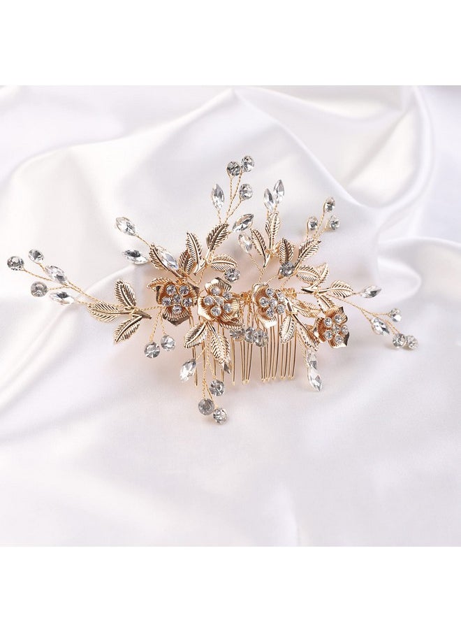 YERTTER YERTTER Vintage Rhinestones Bride Wedding Hair Accessories for Brides Crystal Floral Leaves Bridal Hair Comb for Women and Girls (Gold)  - Image 3