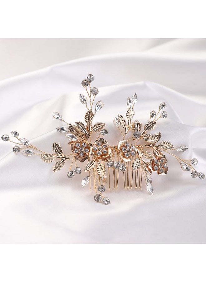 YERTTER YERTTER Vintage Rhinestones Bride Wedding Hair Accessories for Brides Crystal Floral Leaves Bridal Hair Comb for Women and Girls (Gold)  - Image 5