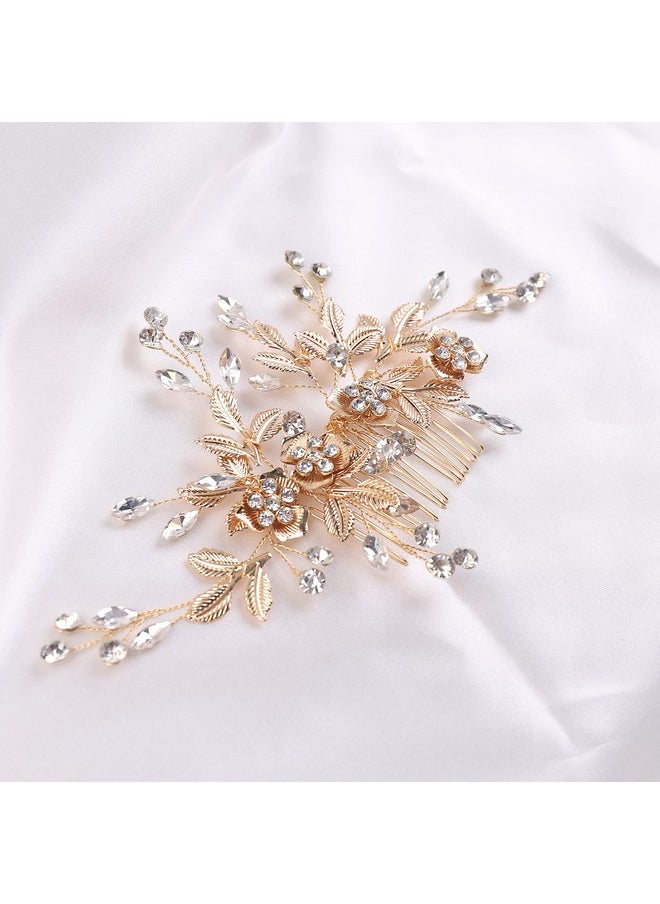 YERTTER YERTTER Vintage Rhinestones Bride Wedding Hair Accessories for Brides Crystal Floral Leaves Bridal Hair Comb for Women and Girls (Gold)  - Image 4