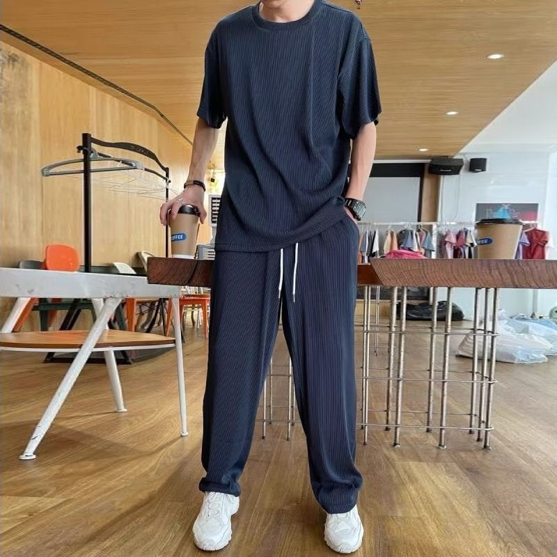 Spring and Summer Casual suit Mens Ice Silk Thin Short-sleeved T-shirt Trousers Mens Full Sportswear Summer Two-piece Set Brown  - Image 2