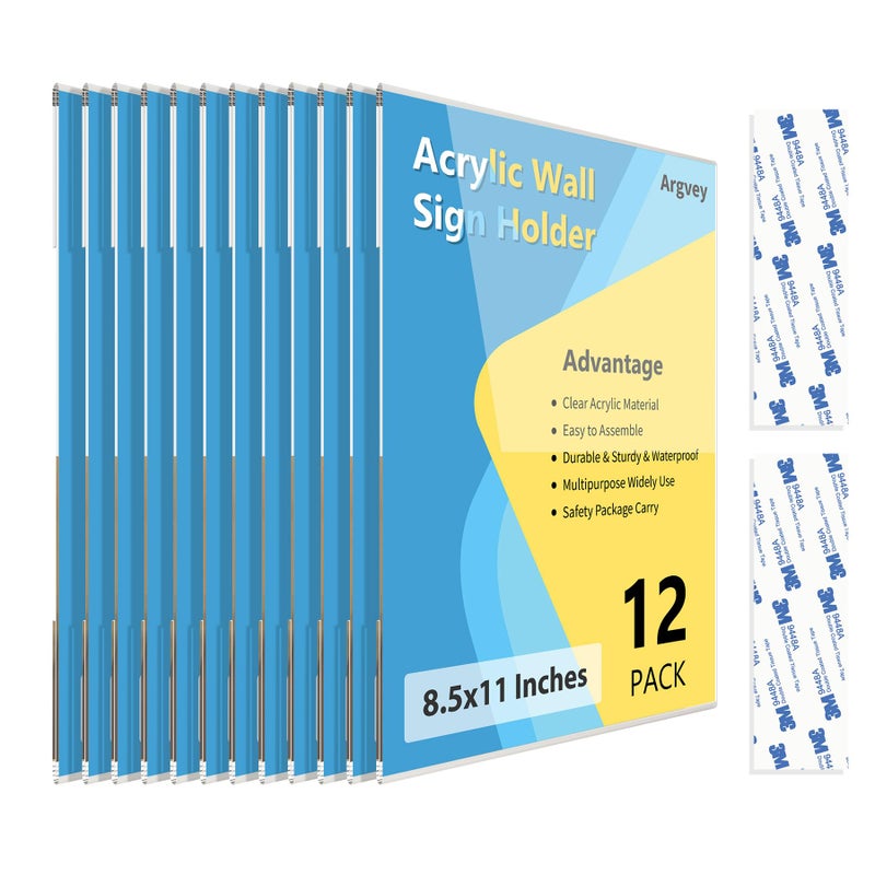 Acrylic Sign Holder 85 x 11 Wall Mount Clear Plastic Sign Display Frame with Adhesive Tape Vertical Wall Sign Holder for Office Home Store Restaurant School 12 Pack