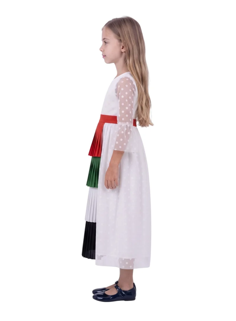 بيداني Girls 2-in-1 UAE National Day Swiss Dot Dress with Detachable Pleated Flag Skirt Panel