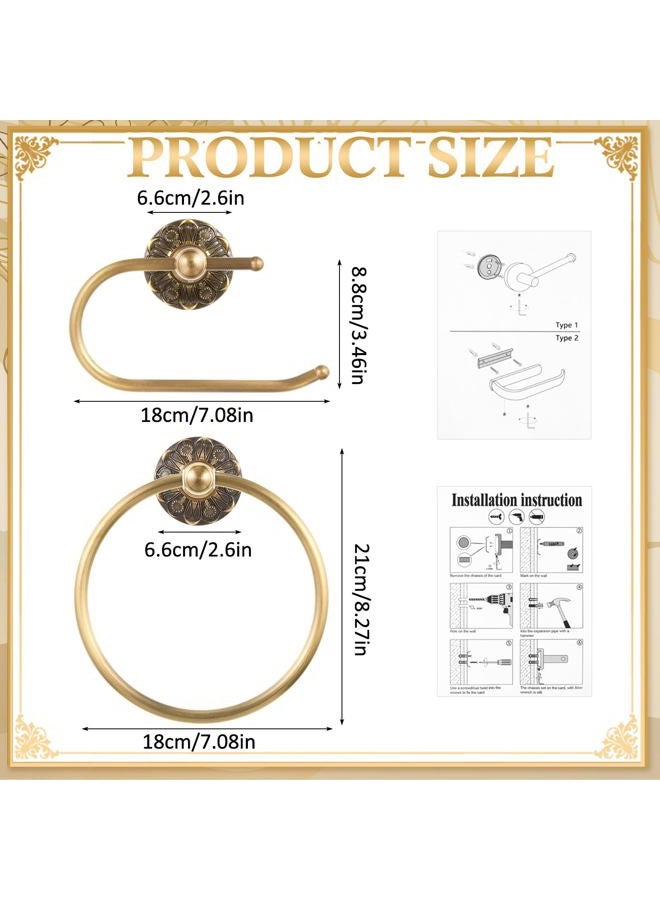 Otoolling 2 Pieces Set Antique Brass Toilet Paper Holder Retro Brass Hand Towel Ring Tissue Roll Paper Hanger Bathroom Hardware Wall Mounted Vintage Bathroom Accessories (Retro) - Image 2