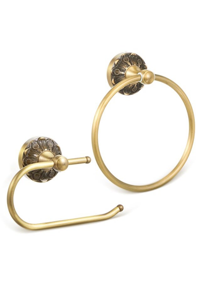 Otoolling 2 Pieces Set Antique Brass Toilet Paper Holder Retro Brass Hand Towel Ring Tissue Roll Paper Hanger Bathroom Hardware Wall Mounted Vintage Bathroom Accessories (Retro) - Image 1