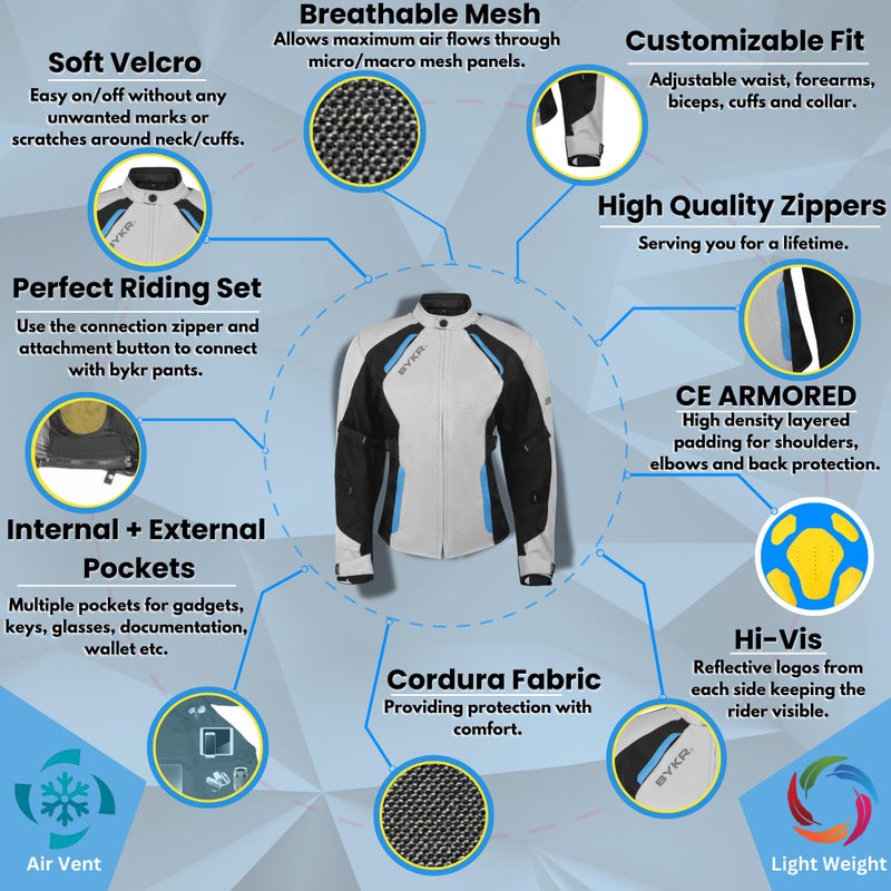 Generic BYKR Womens Motorcycle Jacket For Women Ladies Motorsports Enduro Biker Adventure CE Armored Powersports Protective Jackets, Silver/Blue, L  - Image 2