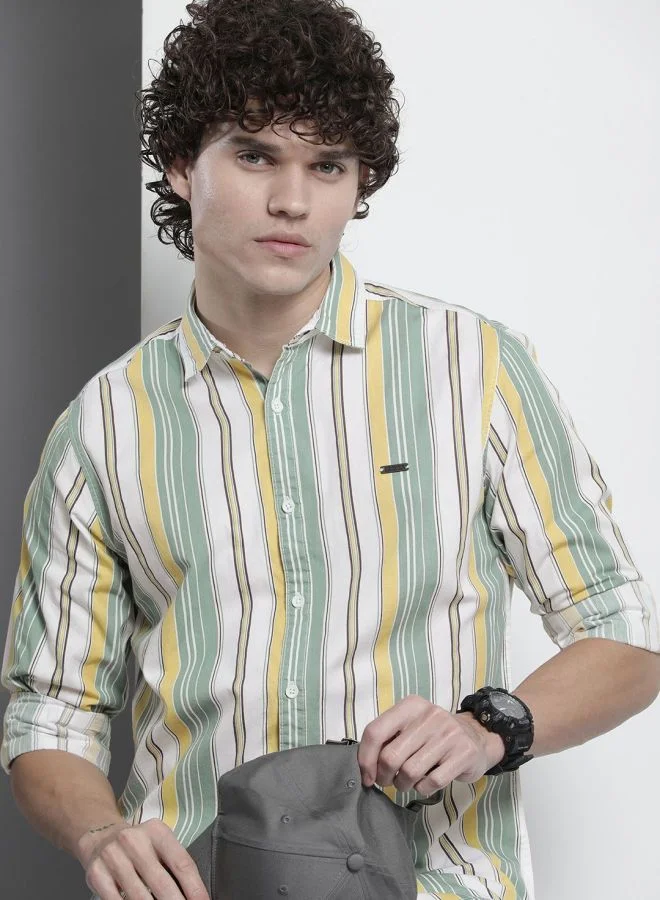 The Indian Garage Co Men Regular Fit Striped Full Sleeves Cutaway Collar Casual Shirt